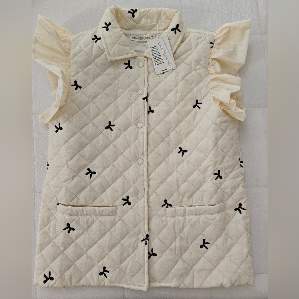 Grace + Emma Quilted Puffer Vest with Black Bows Ivory NWT
